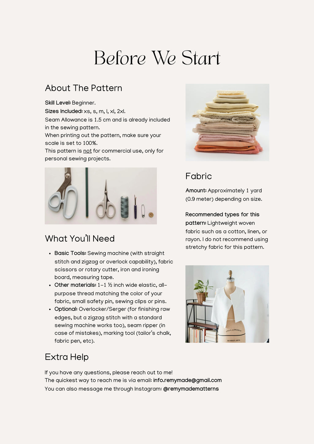 Nora Short sewing pattern – short pattern sewing guide showing materials and tools needed before starting.