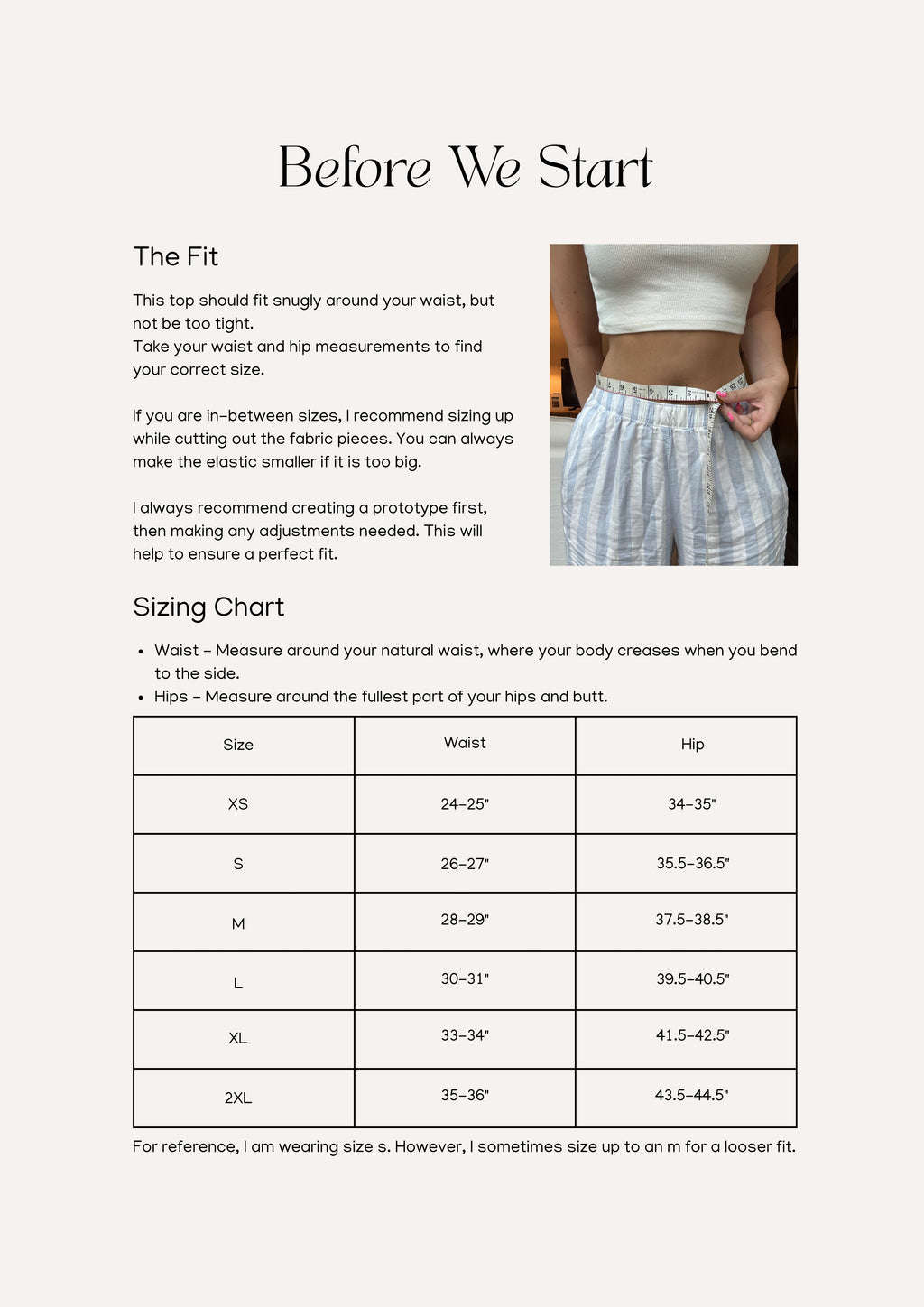 Nora Short sewing pattern – short pattern sizing information and measurement chart for accurate fit.