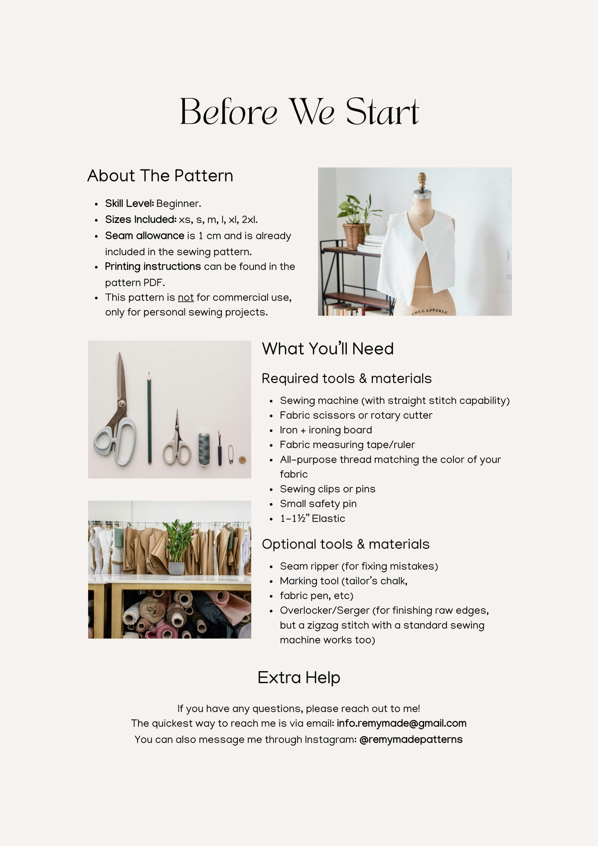 Nora Short sewing pattern – shorts sewing guide showing materials and tools needed before starting.