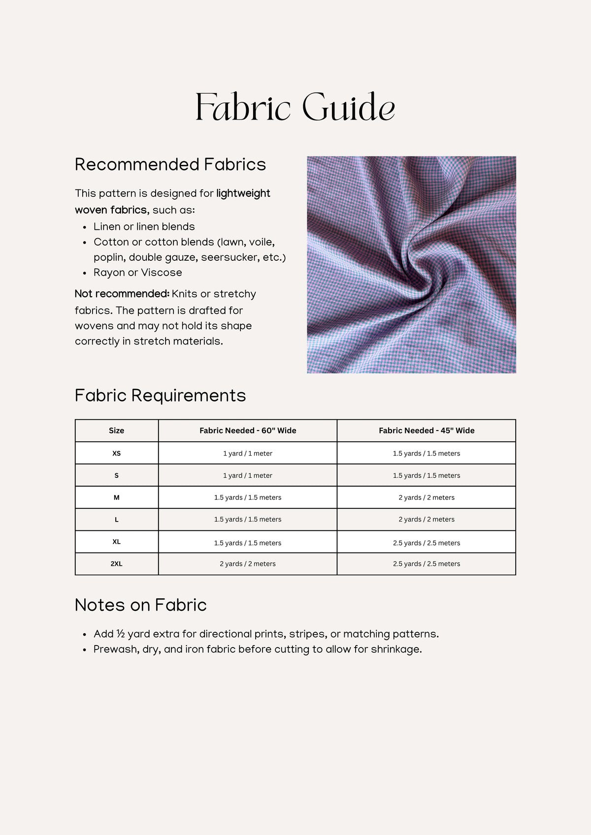 Nora Short sewing pattern – shorts information for amount and types of fabric.