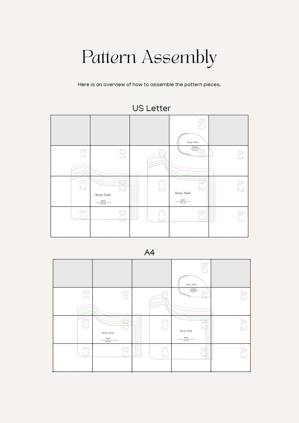 Sewing guide for short pattern showing assembly information to sew Nora Short garment