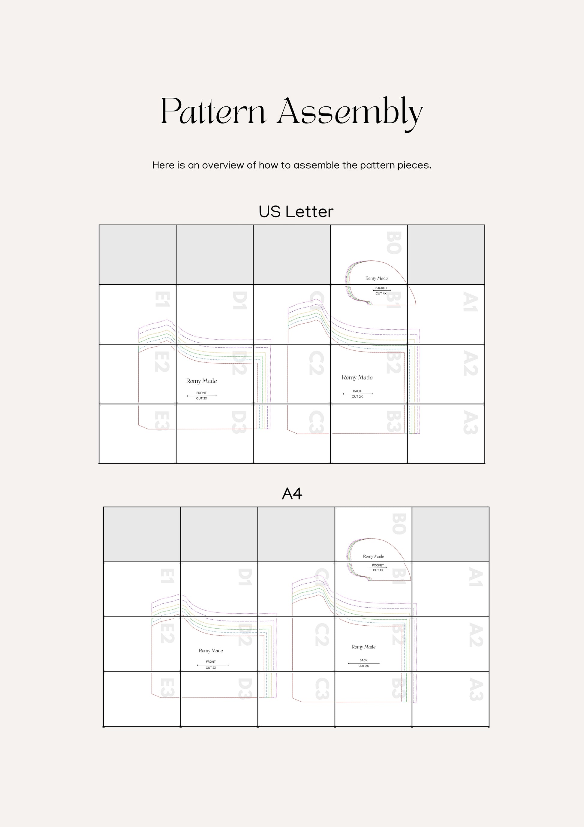 Sewing guide for short pattern showing assembly information to sew Nora Short garment