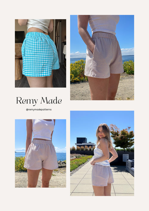 Short sewing pattern PDF project showing finished Nora Short boxer shorts in various colors and patterns