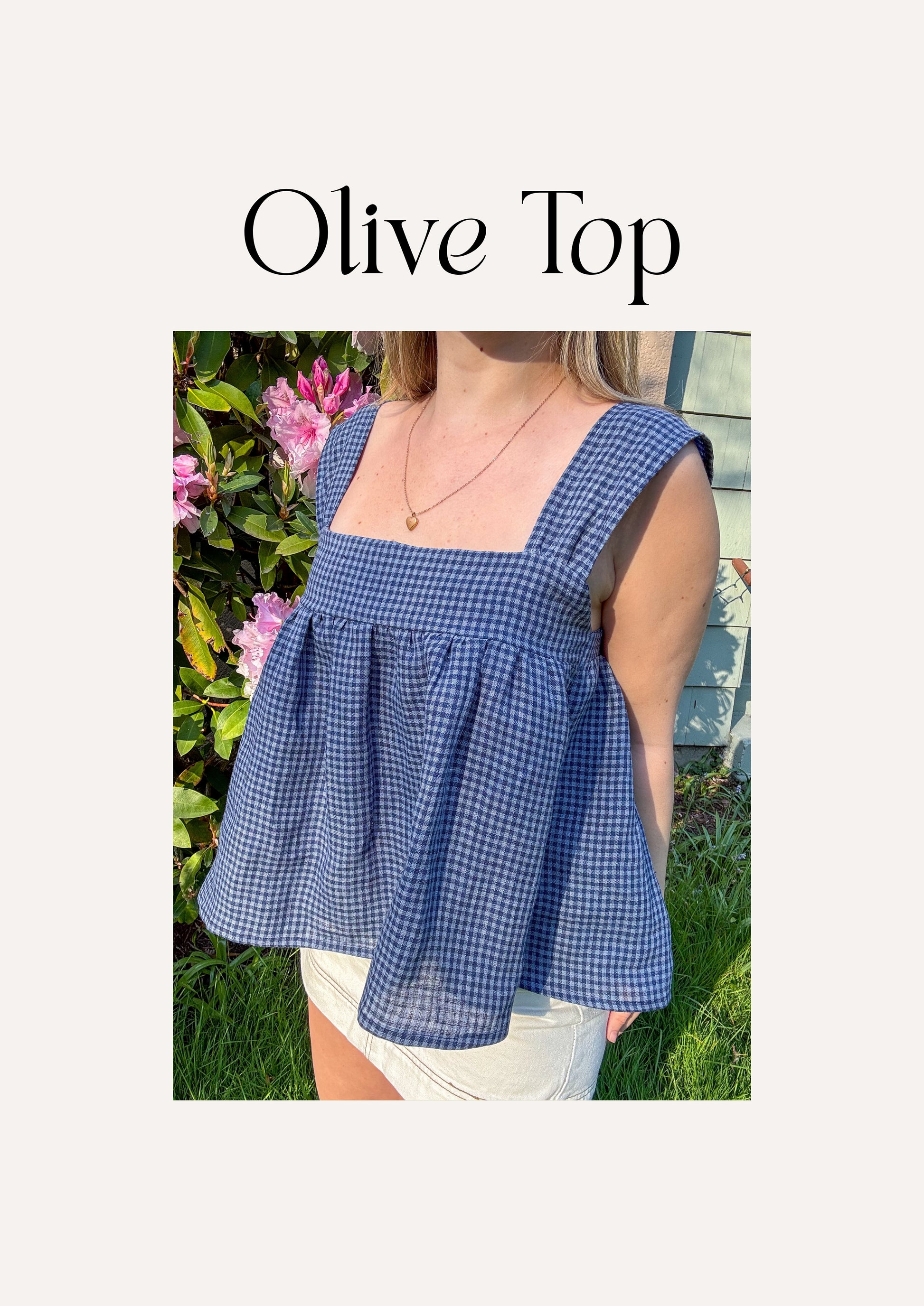 Olive Top sewing pattern – beginner-friendly blouse pattern showing the finished babydoll top design.