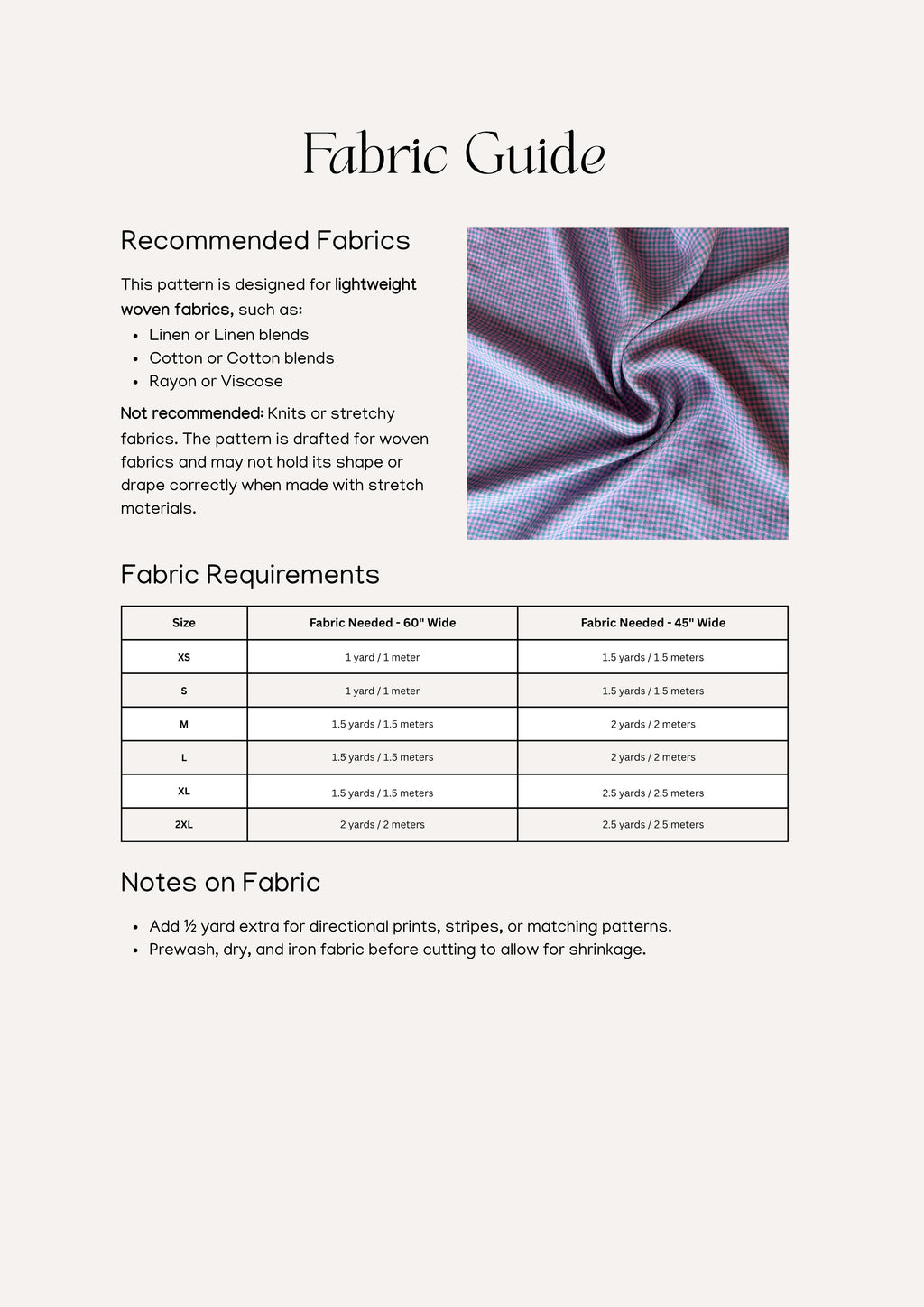 Olive Top sewing pattern – blouse pattern information for amount and types of fabric.