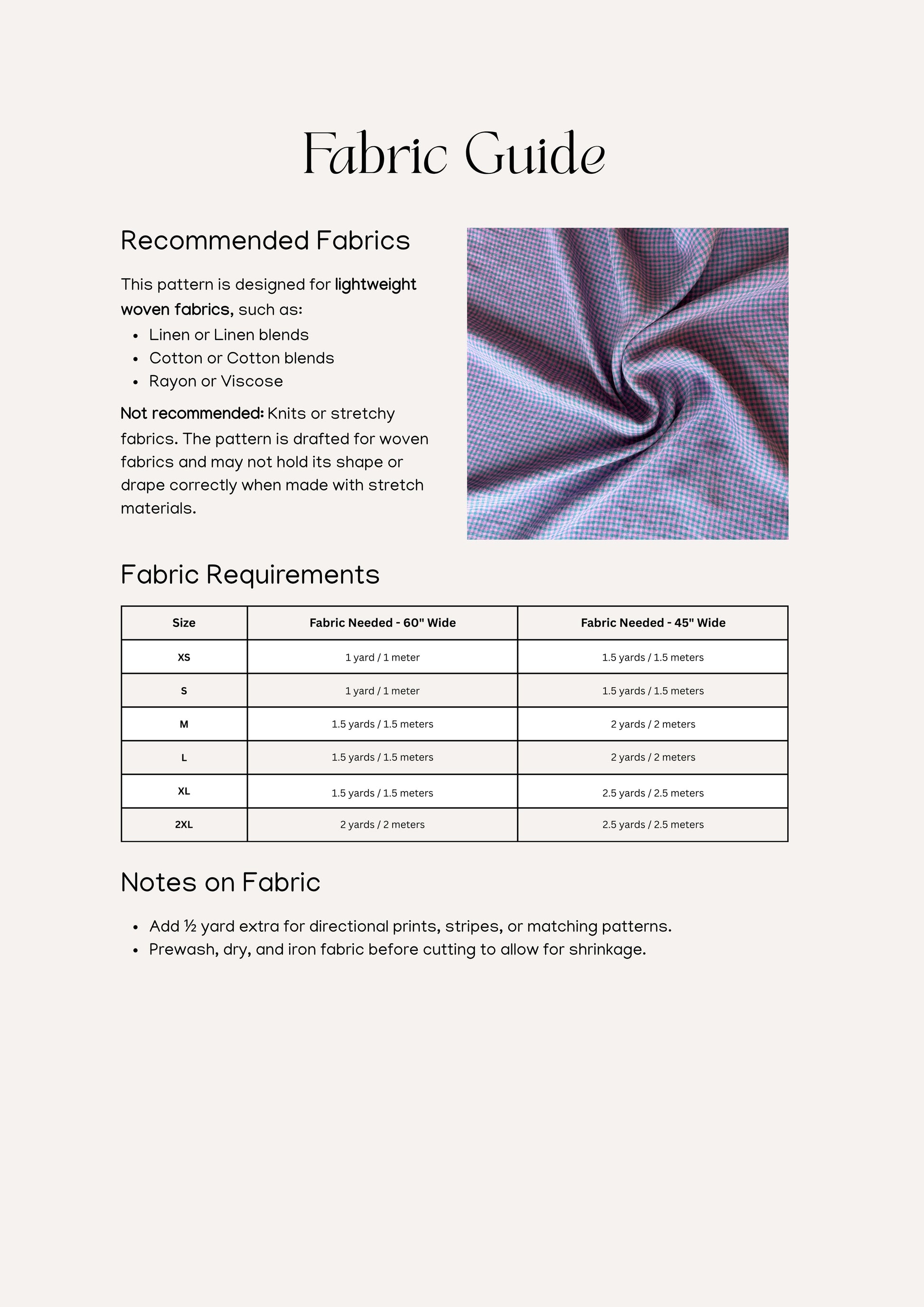 Olive Top sewing pattern – blouse pattern information for amount and types of fabric.