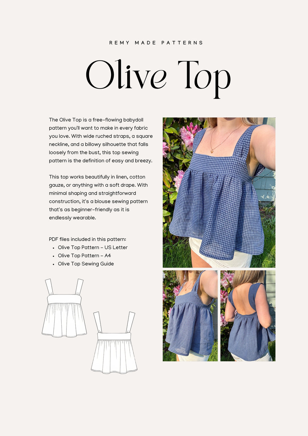 Olive Top sewing pattern  – blouse pattern product details including features and sewing instructions.