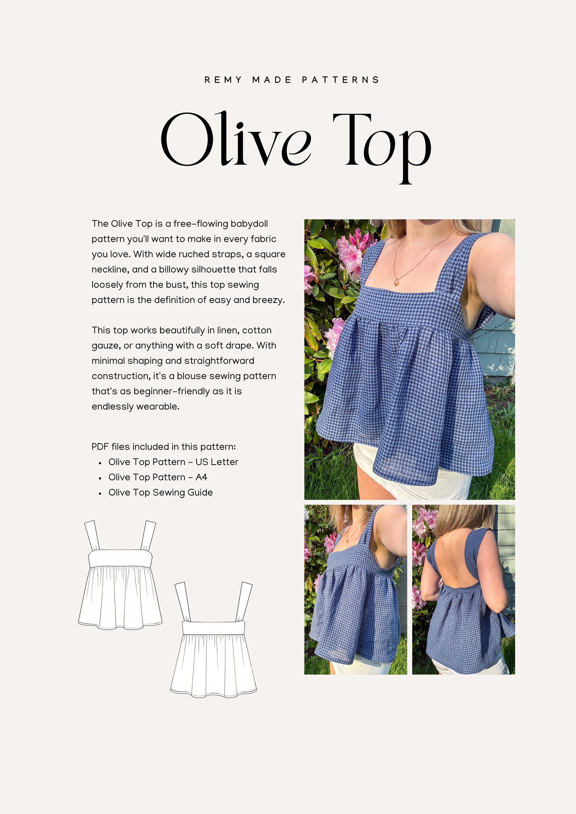 Olive Top sewing pattern  – blouse pattern product details including features and sewing instructions.