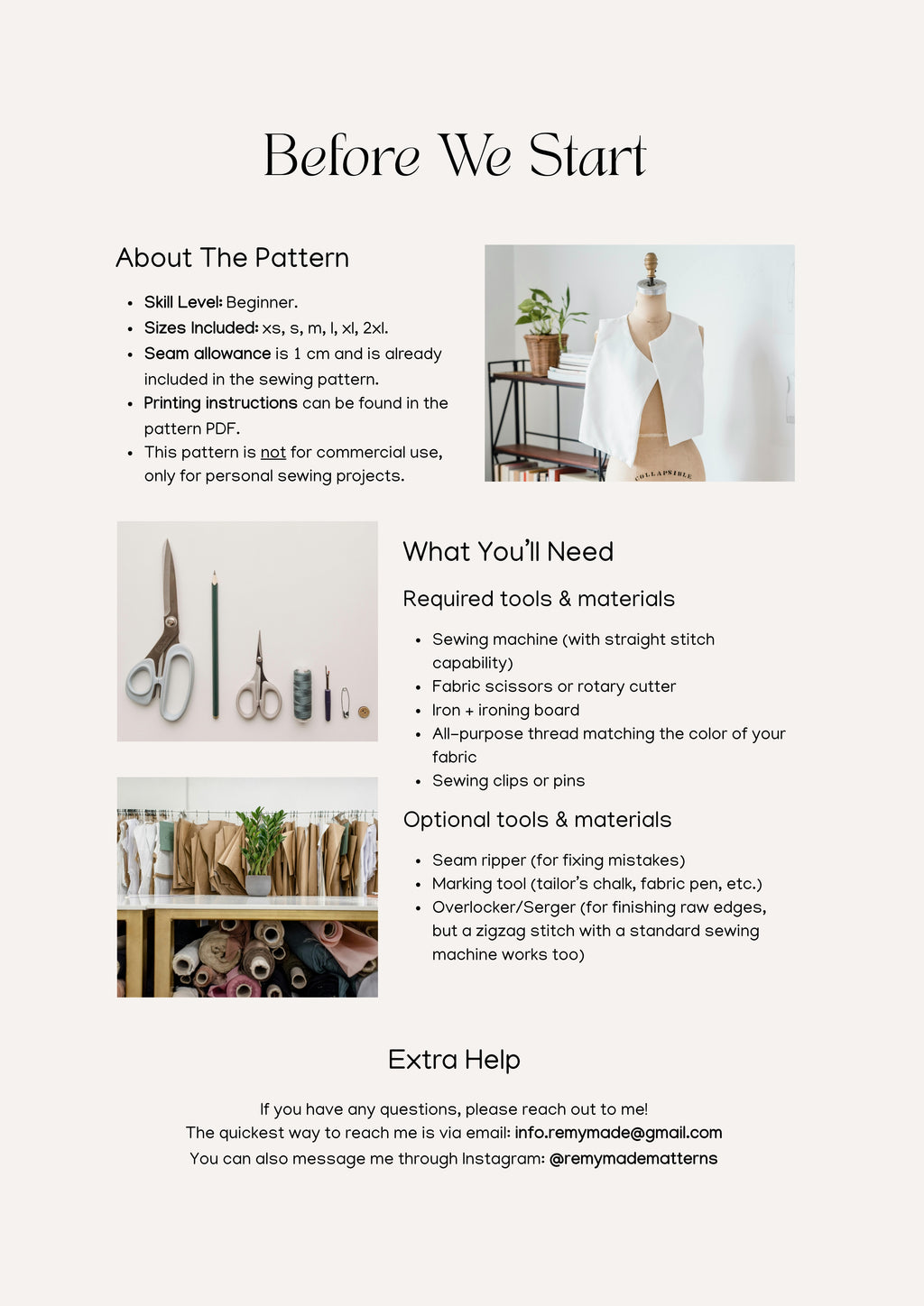 Olive Top sewing pattern  – blouse pattern sewing guide showing materials and tools needed before starting.