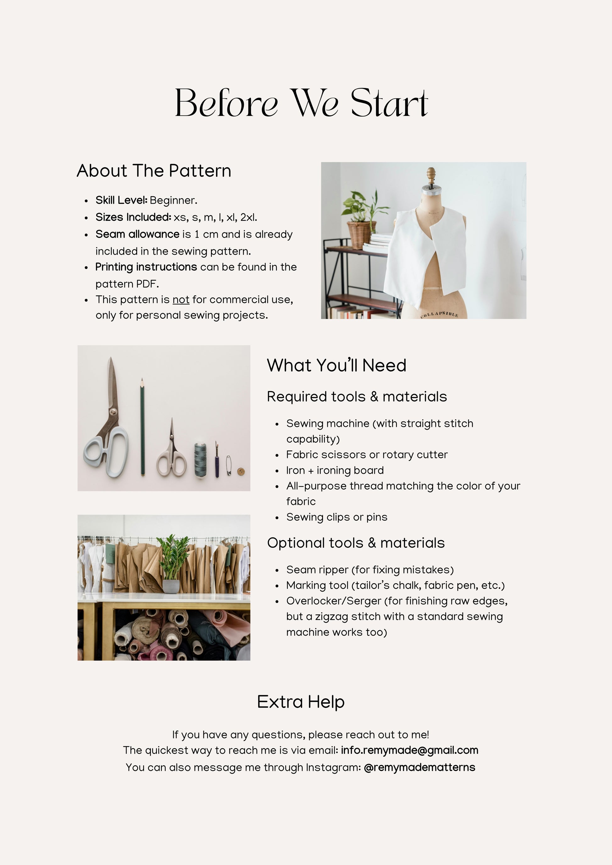 Olive Top sewing pattern  – blouse pattern sewing guide showing materials and tools needed before starting.