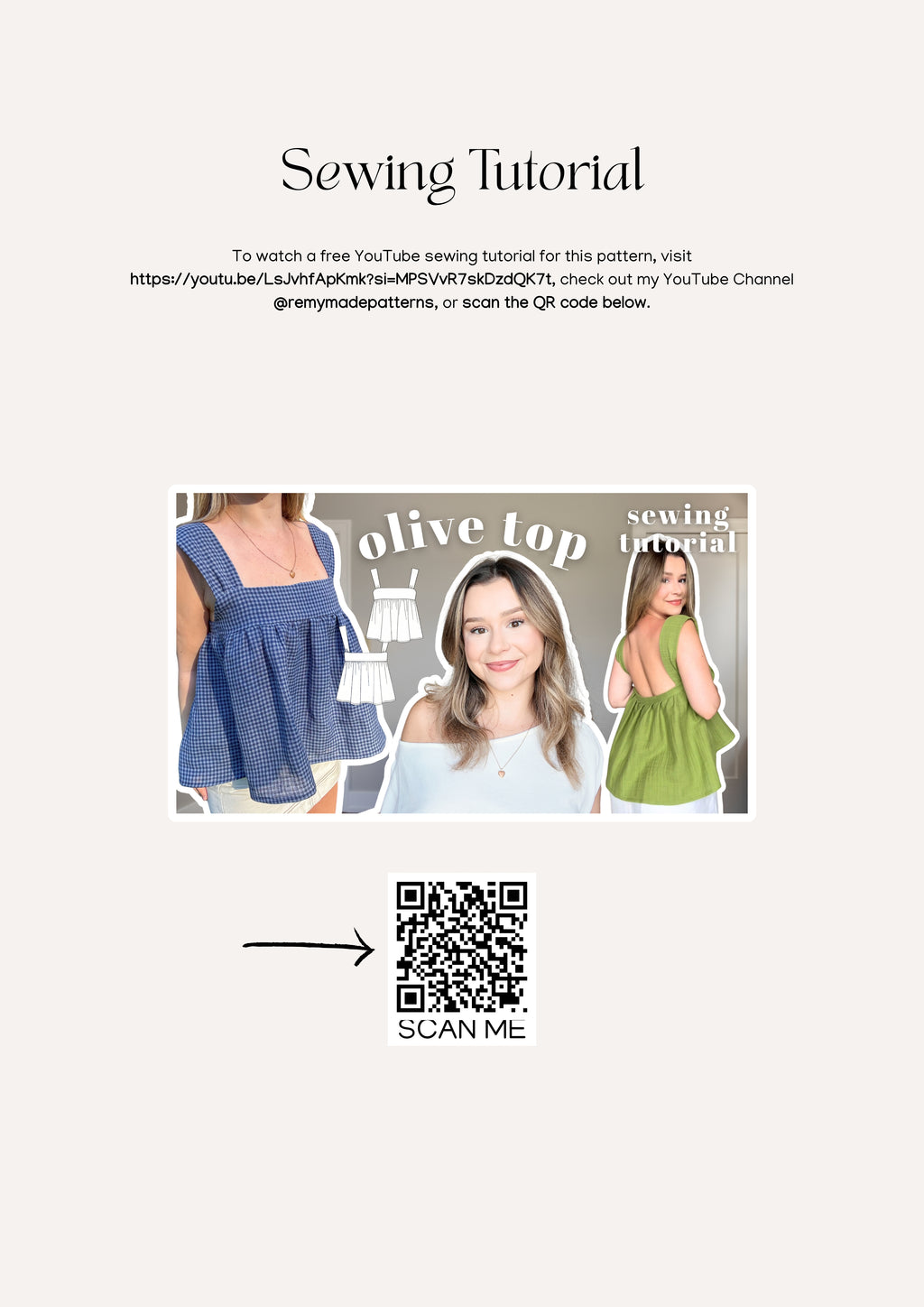 Olive Top sewing pattern – babydoll blouse sewing tutorial or information showing where to access the sewing video on Youtube.