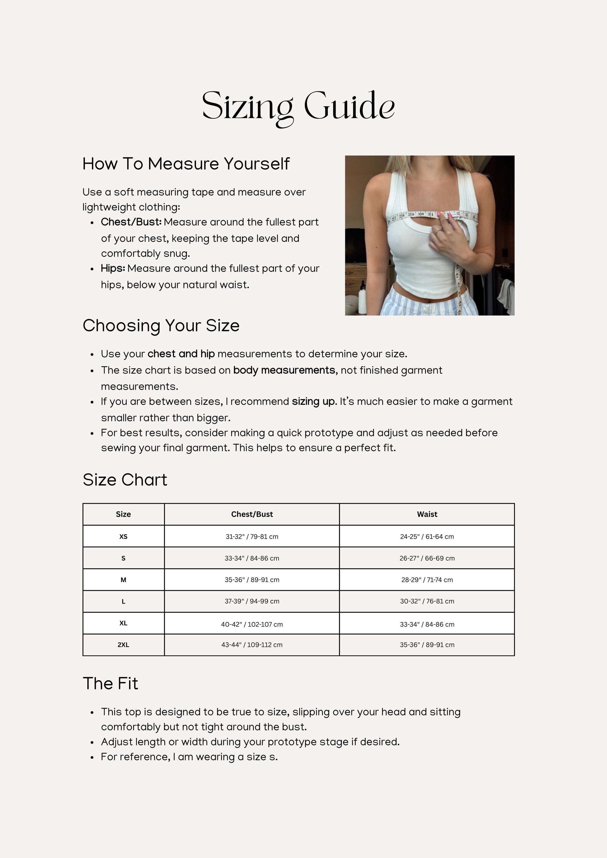 Olive Top sewing pattern – blouse pattern sizing information and measurement chart for accurate fit.