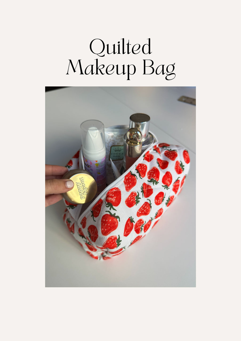 Quilted Makeup Bag free sewing pattern – beginner-friendly bag pattern showing the finished quilted makeup bag design.