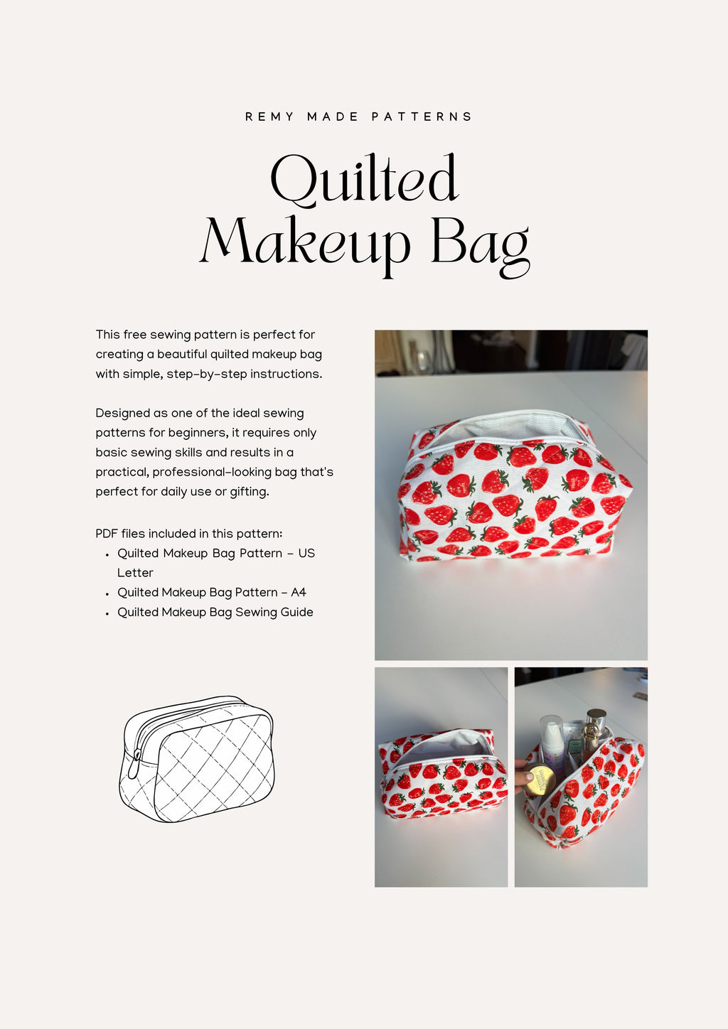 Quilted Makeup Bag free sewing pattern – bag pattern product details including features and sewing instructions.