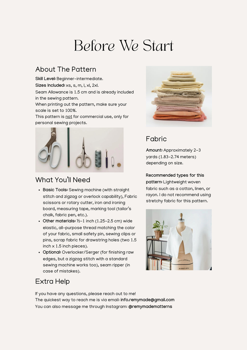 Sandrine Pant sewing pattern – pants pattern sewing guide showing materials and tools needed before starting.