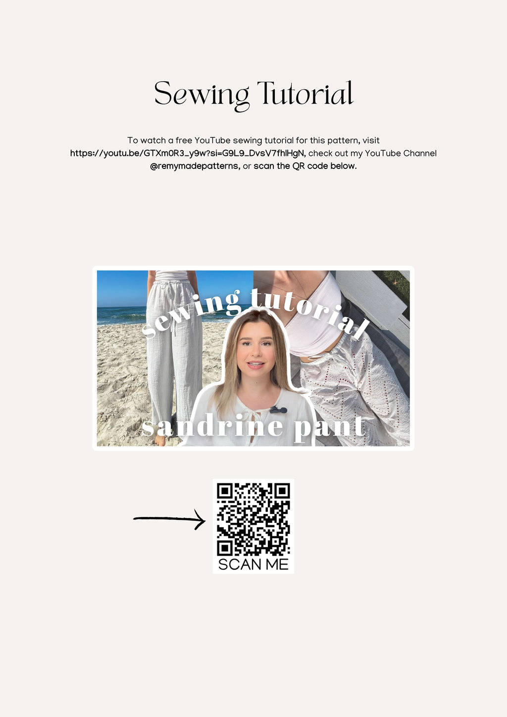 Sandrine Pant sewing pattern  – linen pant sewing tutorial or information showing where to access the sewing video on YouTube