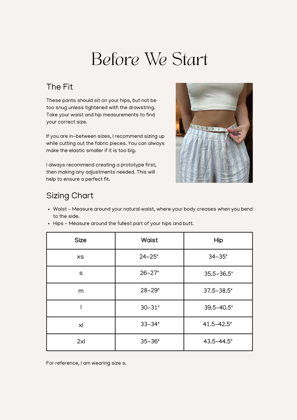 Sandrine Pant sewing pattern – pants pattern sizing information and measurement chart for accurate fit.